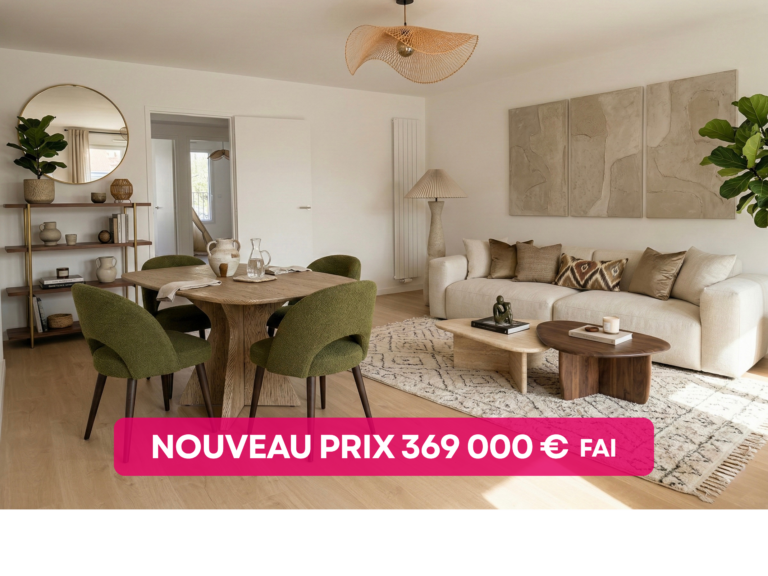 Séjour avec coin repas du T3 neuf à Rennes, bandeau « Nouveau prix »