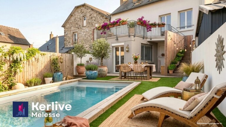 Piscine et terrasse de la maison de caractère à Melesse