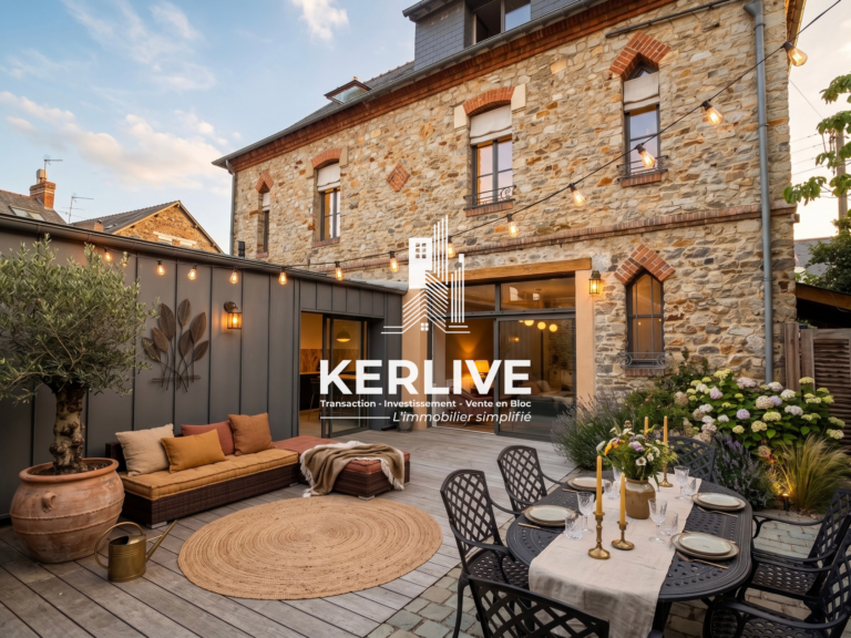 Terrasse paysagée et façade en pierre de la demeure – Rennes Sacré-Cœur
